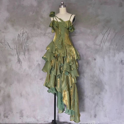 Irregular Ruffled Suspender Prom Dress Green Long Birthday Dress YM1628