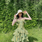 Irregular Ruffled Suspender Prom Dress Green Long Birthday Dress YM1628