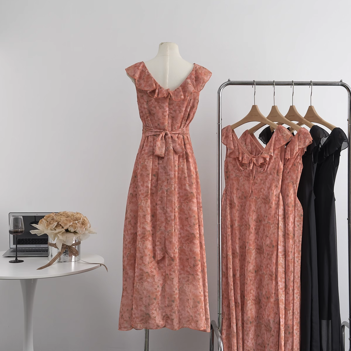 Orange Chiffon V Neck Floral Dress  YM1787