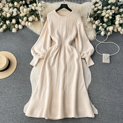 Sweater lazy style mid-length age-reducing puff sleeve knitted dress YM1574