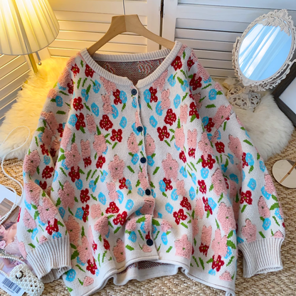 Retro sweater coat new round neck three-dimensional flower knitted cardigan YM1583