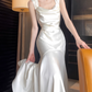 Elegant Mermaid Prom Dress Satin White Long Evening Dress YM1702