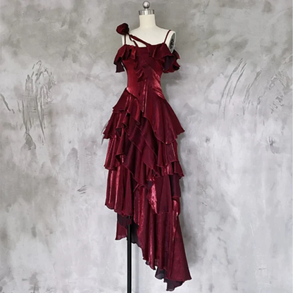 Irregular Ruffled Suspender Prom Dress Burgundy Long Birthday Dress YM1630