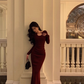 Red Long-Sleeved Knitted Dress-Style Hollow Party Dress YM1673