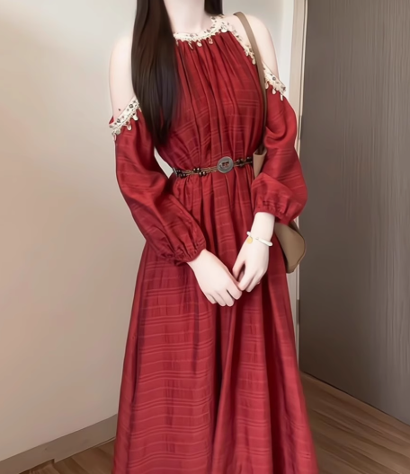 Red Off-the-shoulder Dress Bohemian Holiday Maxi Dress YM1764