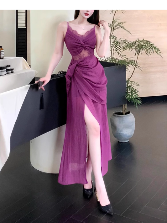 Sexy Lace Fuchsia Prom Dress Slit Pleated Party Dress YM1699